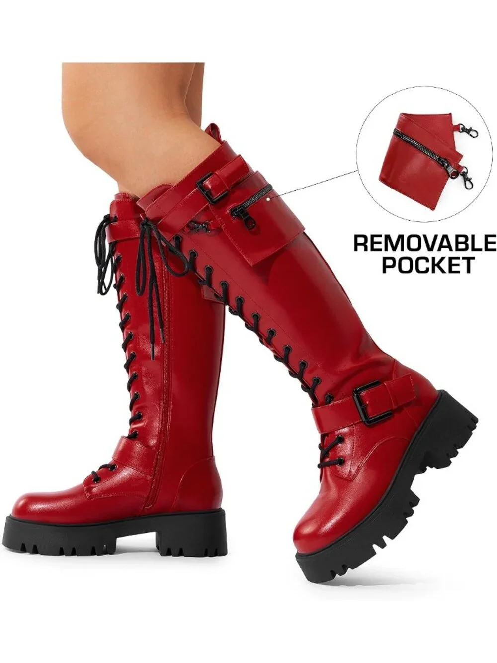 Dream Pairs Women's Red Round Toe Lace Up Inside Zipper Knee High Combat Boots